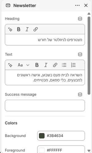 ההגדרות של «הרשמה לניוזלטר» בעורך, בממשק הניהול באנגלית