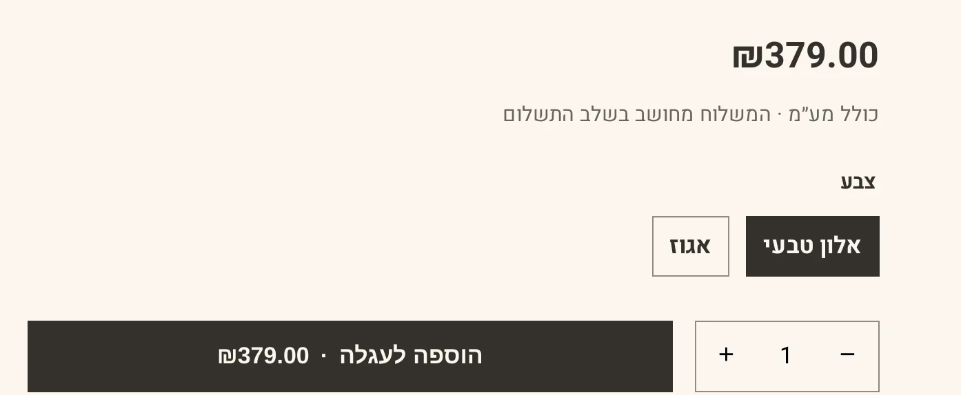 מחיר בעמוד מוצר בחנות הדמו חורש: המספר ואחריו סימן השקל, כמו שהוגדר