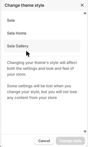 חלונית שינוי סגנון של ערכת נושא בעורך, עם Sela, Sela Home ו־Sela Gallery, בממשק הניהול באנגלית