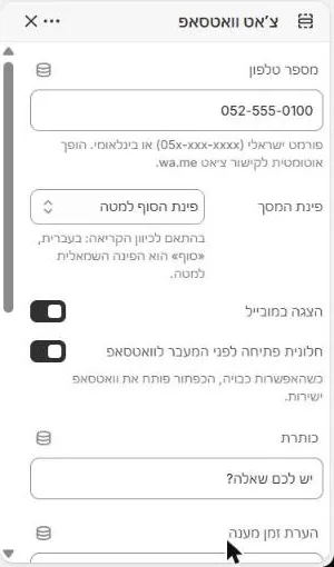 הגדרות צ׳אט וואטסאפ בעורך, עם שדה מספר הטלפון